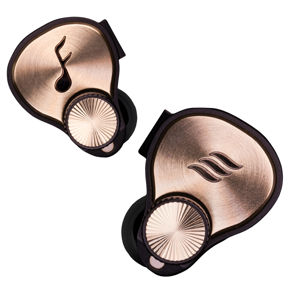 GMAFE Pair of gold and black IEMs on a white background