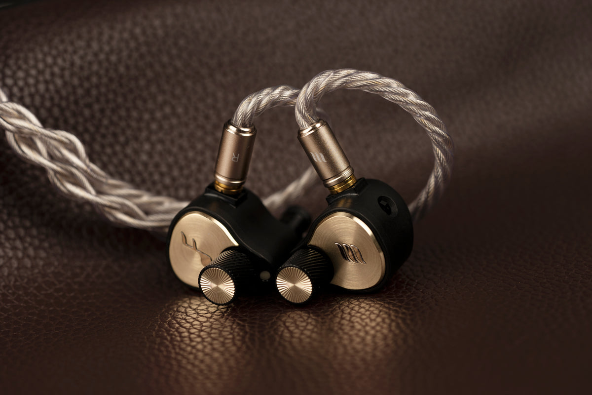 Pair of high-end audio IEMs on a textured brown surface