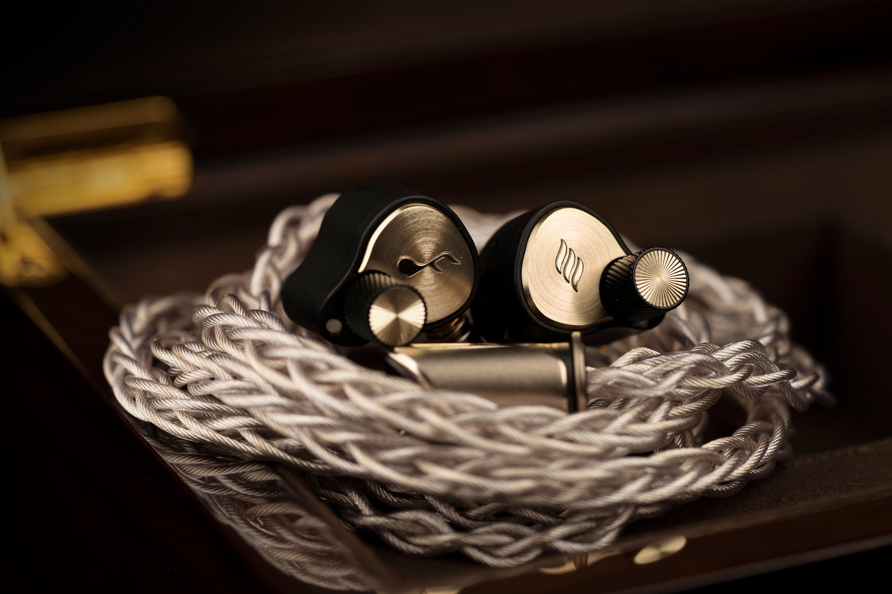 Close-up of high-end audio IEMs with braided cable on a dark background